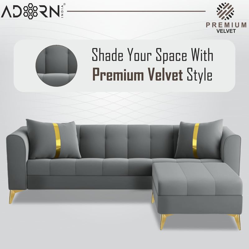 Image of Adorn India Premium Mystic - 3 Years Warranty - L Shape 4 Seater Sofa Set Velvet Suede Fabric - Grey
