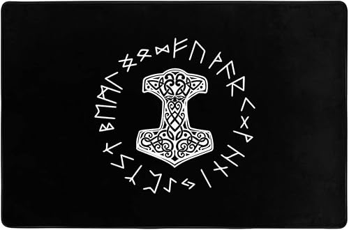 Mjolnir and Rune Wheel Norse Mythology Symbol Carpet Indoor and Outdoor Door Mats, Anti Slip Floor Mats