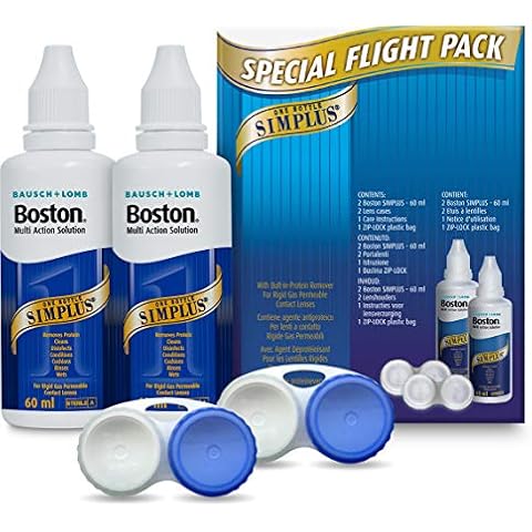 Boston Simplus Multi-Action Solution Flight Pack - 2x 60ml Contact Lens Solution for Rigid Gas Permeable Contact Lenses - Clean, Disinfect & Condition - 2x Lens Cases for Travel Convenience Cover