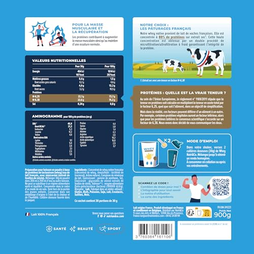NUTRI & CO Whey Concentrate Native - Jusqu’à 80% de Protéines - Pur Lait Français Low Lactose Digestion Facile - Riche en BCAA - Prise de Masse & Musculation - 900g 30 portions goût Vanille – Image 4