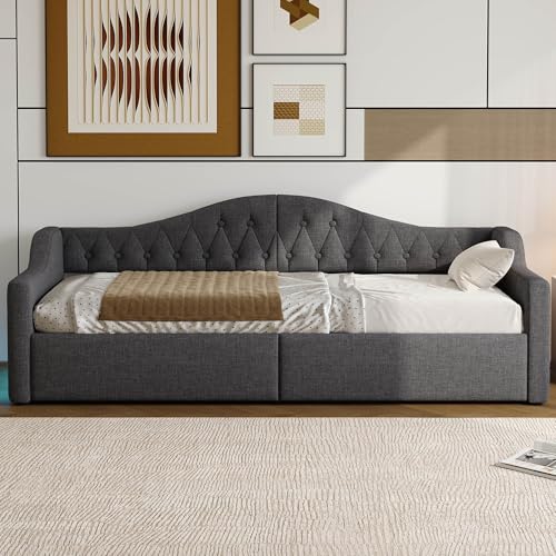 EINHOM Polsterbett Schlafsofa 90x200 cm, Tagesbett Sofabett mit LED-Gürtel, Stauraumbett mit Hydraulischer Stauraum, Lattenrost aus Holz, MDF+Sperrholz+Leinen, Ohne Matratze, Grau – Bild 4
