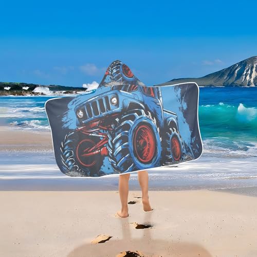 Image of Blue Monster Truck Hooded Beach Towel for Kids, Kids Bath Hooded Towels for Boys Girls, Super Soft Absorbent Bathrobe with Hood for Swin Pool 50 inchx23.5 inch