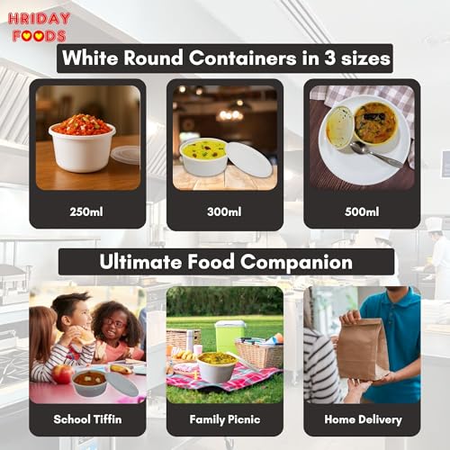 Image of Hriday Foods 250ml White Round Disposable Food Containers with Airtight Lids, Set of 25, Microwave Safe, Leak Proof, BPA Free, Ideal for Meal Prep, Takeaway & Food Delivery