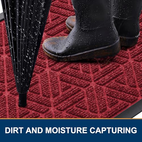 Smiry Front Door Mat Outside Entrance, Heavy Duty Natural Rubber Doormat, Trap Dirt and Moisture Easy Clean Low Profile Patio Porch Welcome Floor Mats for Entry, 36x24 Inch, Wine Red