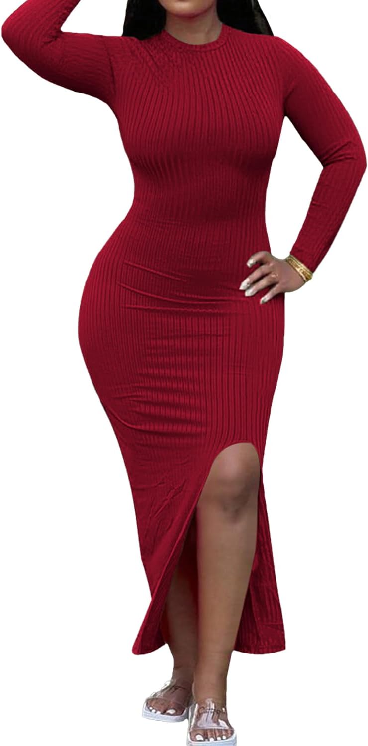 TOPSRANI Womens Bodycon Maxi Dress Split Striped Ribbed Crewneck Long Sleeves Casual Sundress Solid Sexy Skinny Dresses - Image 2