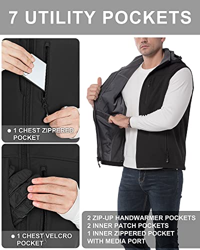 33,000ft Weste Herren Outdoor Wasserdichte Softshell Ärmellose Jacke Bodywarmer Fleece Weste mit Kapuze Full Zip Softshellweste Schwarz 2XL