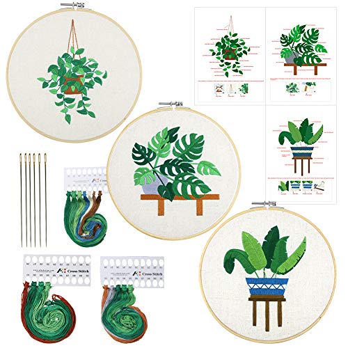 Embroidery Starter Kit with Pattern and Instructions, Cross Stitch Kit Include 3 Embroidery Clothes with Floral Flowers Pattern, 3 Bamboo Embroidery Hoop, Color Threads and Tools Kit