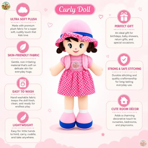Image of Chi-Chimpu Toyss Soft Curly Doll 30cm (Pink) | Ultra Soft Plush Baby Doll for Girls | Cute Stuffed Doll Toy | Washable & Skin-Friendly | Birthday Gift, Nursery & Kids Room Decor |