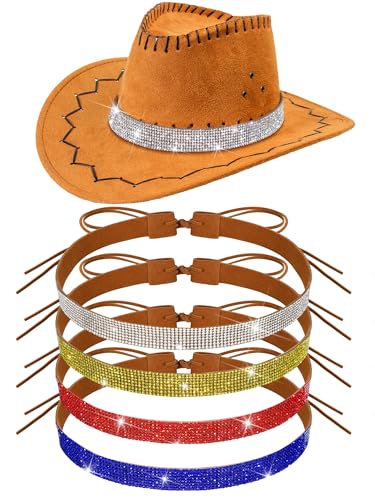 Riceshoot 4 Pcs Bling Rhinestone Hat Band Cowboy Hatband Adjustable Cowgirl Hat Belt Western Style Jewelry for Women Men(Mixed Colors)
