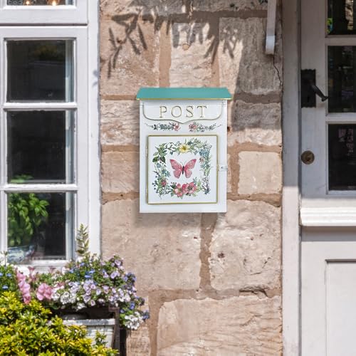 Image of Mailbox Wall Mount Mailboxes for Outside Vintage Mail Boxes for House Outside Metal Drop Box Antique Style Nostalgic Charm Home Decorative, Butterfly Pattern, White
