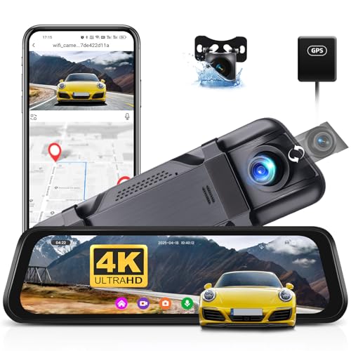CAMECHO Retrovisor 4K 9. 66' Mirror Dash CAM Coche con Cámara 1080P, Delantera 150° y Trasera Dashcam 120° con ADAS y BSD Línea Inversa, Visión Nocturna, Sensor G, GPS y WiFi