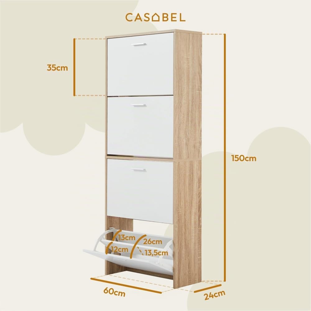 CASABEL Meuble à Chaussures Compact 24 Paires, Blanc et Bois Clair