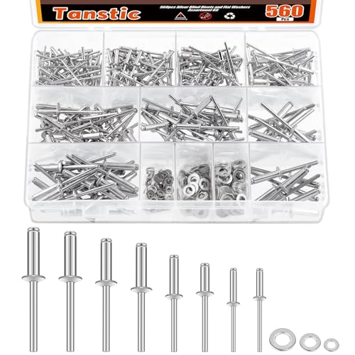 Tanstic 560Pcs Silver Aluminum Pop Rivets Kit, 8 Size Blind Rivet Fasteners with 3 Size Backup Washers Assortment Kit for Aviation Automobile Furniture Use