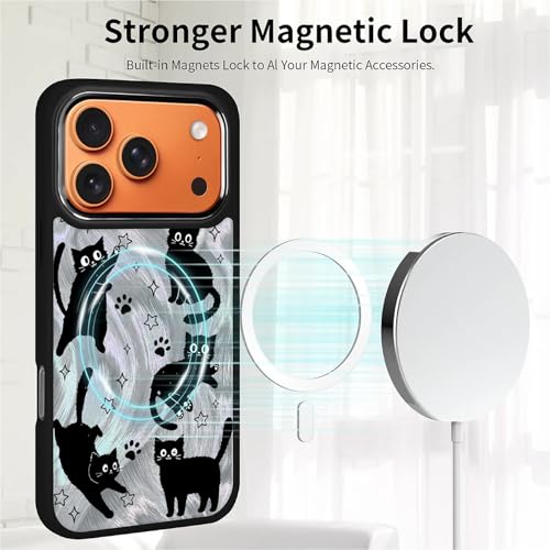 Coque iPhone 17 Pro MagSafe transparente à paillettes avec motif chat noir mignon pour femmes