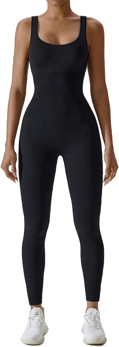Women's Workout Seamless Jumpsuit Yoga Ribbed One Piece Tank Tops Rompers Sleeveless Exercise Bodysuit