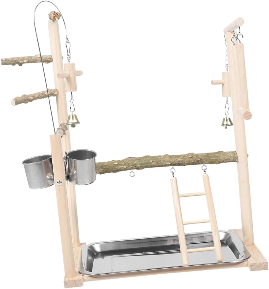 BESPORTBLE Interactive Bird Playstand with Natural Wood Perch for Parrots and Cockatiels Stable Floorstanding Design for Safe Exercise and Entertainment Playground for All Birds
