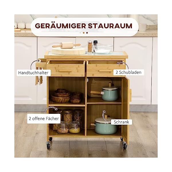 HOMCOM Küchenwagen mit Schublade, Schrank, offenem Ebenen, Servierwagen, Aufbewahrungswagen mit Handtuchhalter, Glastischplatte, Bambus, Natur, 84 x 36 x 85 cm – Bild 6