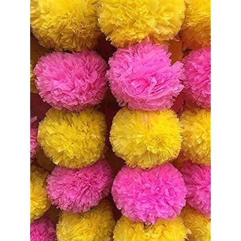 DECORATION CRAFT Pack of 5 Artificial Yellow and Pink Marigold Flower Garlands 5 Feet Long, for Parties, Indian Weddings, Indian Theme Decorations, Home Decoration, Photo Prop, Diwali, Indian Festival Cover