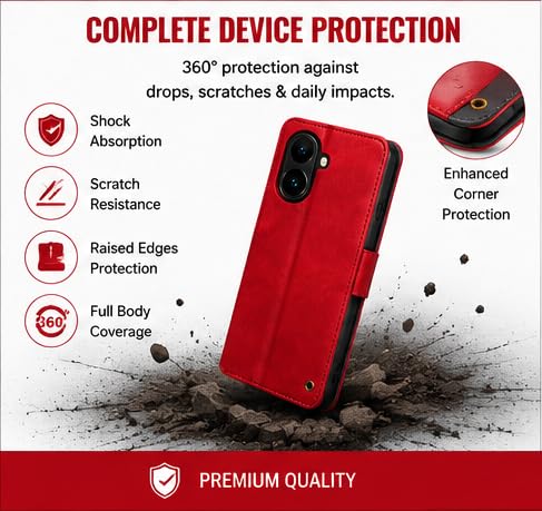 Image of HushLush Premium Flip Cover Compatible for Redmi A7 Pro | Shockproof Wallet Style Protective Case with Card Slots, Magnetic Closure, Stand Function & Full Body Protection (Dual Tone Metallic) (Red)