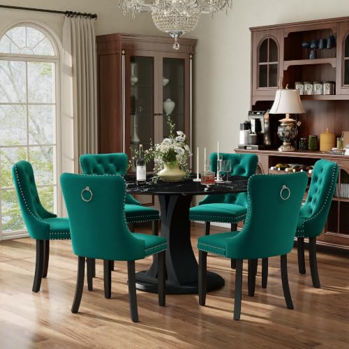 Image of 7-Piece Dining Table Set for 6 with 47 In Black Faux Marble Round Table | Circle Dining Room Table with 6 Velvet Upholstered Chairs, Modern Scandinavian Furniture for Dining Room Kitchen (Green)