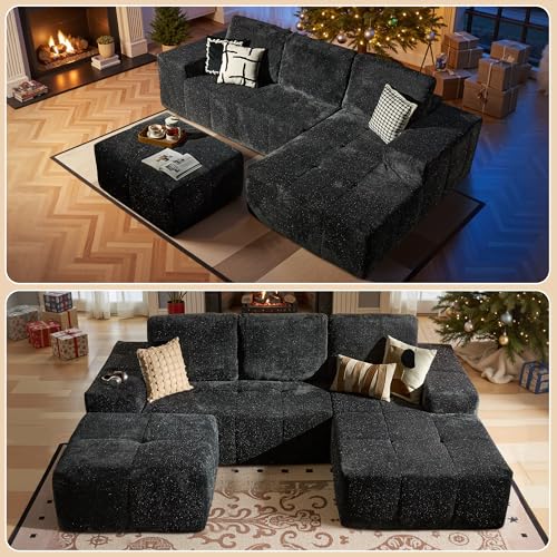 Image of 37.8 inch Glitter Velvet Ottoman for Couch, Memory Foam Cloud Boneless Sectional Couch for Living Room Foot Stools No Assembly Require (Sparkly Velvet, Gray)