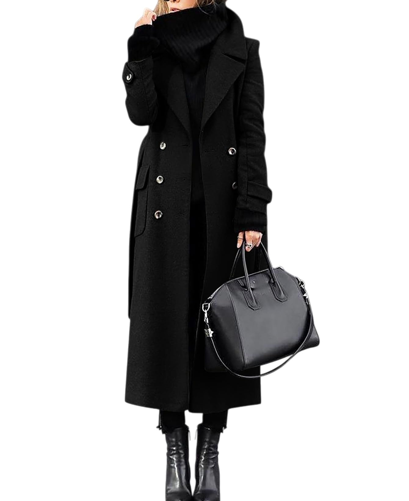 Liuyuyougo Women's Black Wool Coat Long Winter Jacket Double Breasted Lapel Duster Trench Coat Elegant Slim Full Length Maxi Long Overcoat Peacoat Belted Warm Windproof Outwear Xl