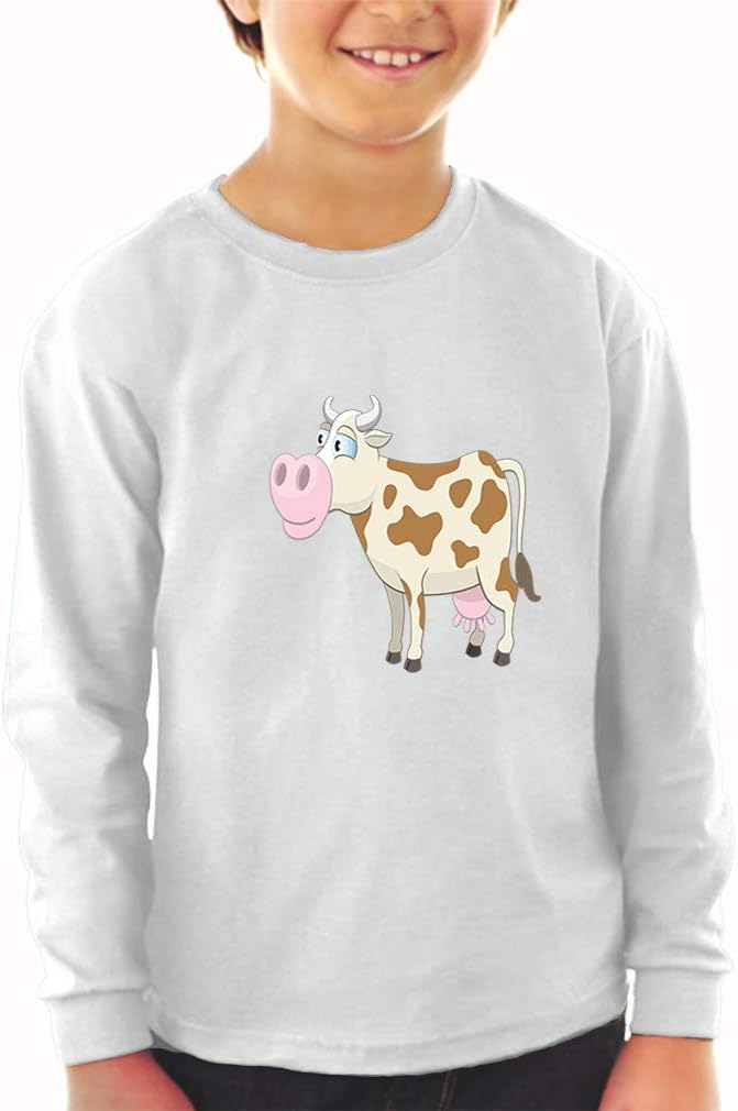 Kids Long Sleeve T Shirt Cow Facing Left Animals Farm Cotton Boy & Girl Clothes Funny Graphic Tee Royal Blue Design Only 2T