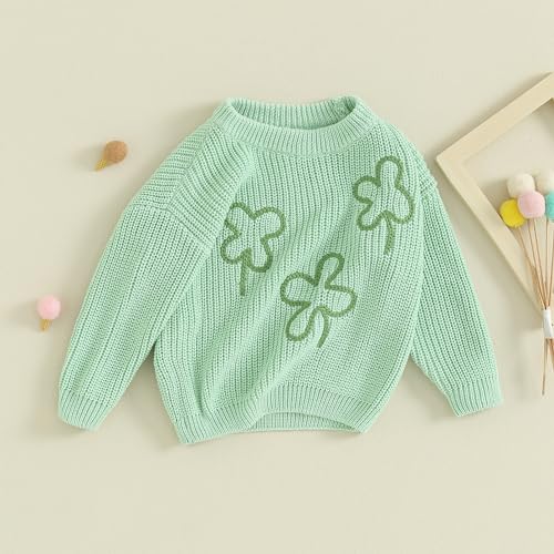 Amnnchya St Patricks Day Baby Girl Outfit Shamrock Embroidery Long Sleeve Knit Sweater Toddler Infant Newborn Sweaters (Green Shamrock, 3-4 Years)