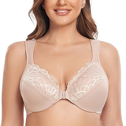 CASOLACE Women's Sexy Lace Plus Size Underwired Unlined Front Fastening Bras Beige 38C