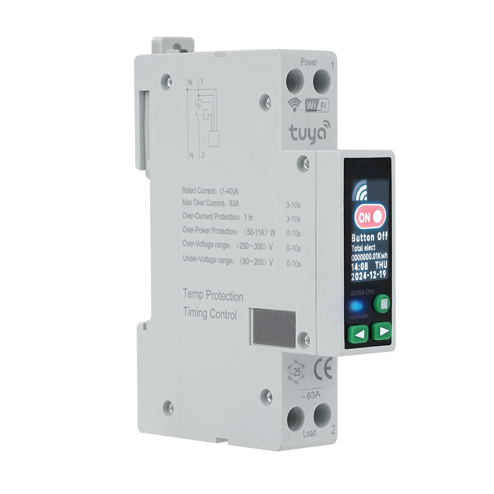 Jadeshay Interruttore WiFi,1P+N 40A Contatore Energia Elettrica Intelligente Schermo LCD Controllo Remoto via APP Tuya con Protezione contro Sovratensione/Sottotensione per Monitoraggio in Tempo Reale