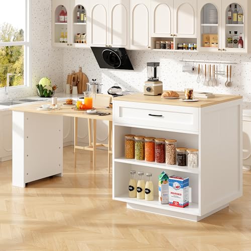 Kelodan Mesa alta extensible con espacio de almacenamiento (133 – 202 × 70 × 93,5 cm), con 2 cajones y 2 compartimentos, isla de cocina, mesa extensible para 2 – 6 personas, carrito de cocina con