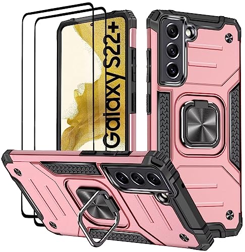 KANSi Coque pour Samsung Galaxy S22 Plus / S22+, Verre Trempé [2 Pièces] + Housse TPU Silicone Rotation 360° Aimant Anneau Support Double Défense...