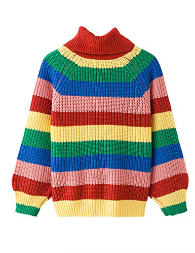 Image of xxxiticat Women Rainbow Sweater Chunky Colorful Striped Turtleneck Pullover | Going Out Halloween Christmas Festival Party Long Sleeve High Neck Color Block Loose Fit Oversized Warm Rave Knitting Top