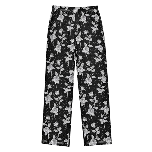Rose Flowers Long Pajama Pants Elastic Waist PJ Bottoms with Pockets S A1133472
