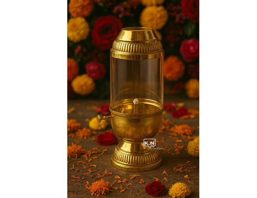 Image of K.N Creation Brass Akhand Diya with Adjustable Bati, Jyoti Wick Lifting Screw Lever, Akhanda Jyothi Deepam, Borosilicate Glass Cover for Pooja(Medium- 160 ml,Oil Capacity, Long Lasting 36 Hours)