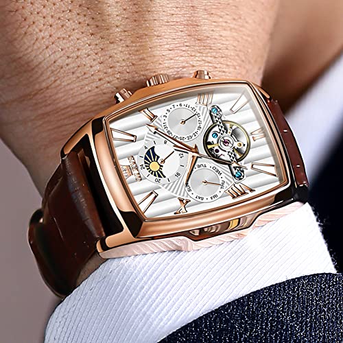Image of OLEVS Mechanical Dress Mens Watches Square Brown Leather Strap Moon Phase Skeleton Tourbillion Day Date Waterproof Luminous Men's Wrist Watches
