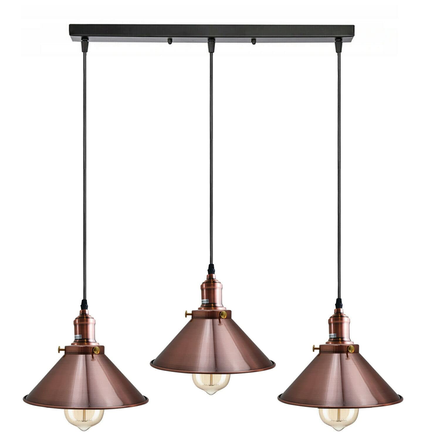 LEDSone Modern Industrial Copper 3 Way Hanging Ceiling Pendant Light Metal Cone Shape Indoor Fitting for Bar, Bedroom, Conservatory, Dining Room, Foyer, Guestroom (with Bulb, 3Head Rectangle Base)