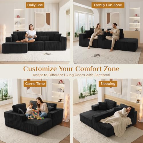 Image of 108 inch Boneless Cloud Sectional Couches for Living Room, Comfy Fluffy L Shaped Memory Foam Deep Seat Boneless Couch, Modular Sectional Sofa with Left Facing Chaise, Dark Black