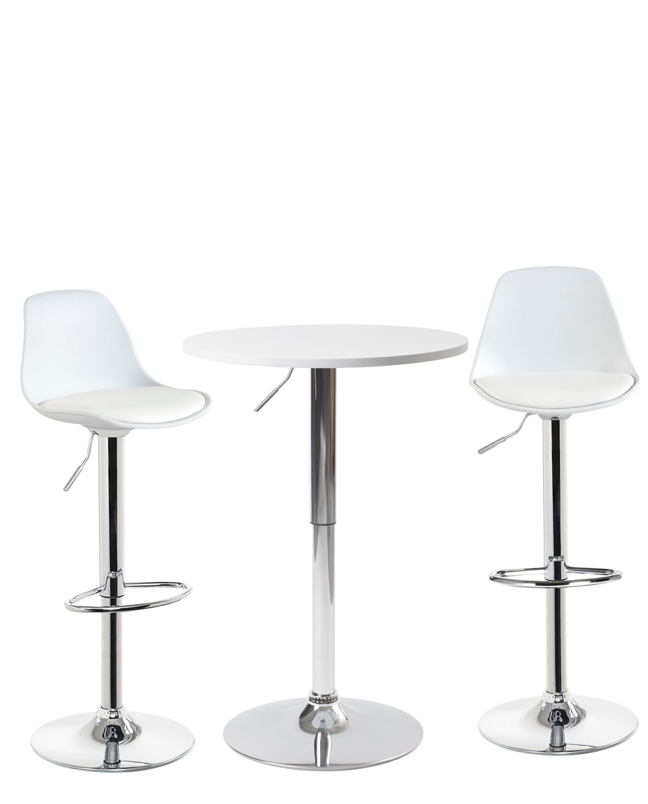 KAYELLES Table de Bar Ronde, Table de bistrot Design, Mange Debout, Hauteur réglable Pied Chrome, Ø60cm, pivotant SETI (Blanc)