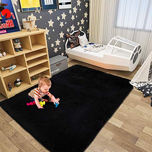 junovo Super Soft Velvet Shag Area Rug Modern Indoor Fluffy Rugs, Cute Furry Bedroom Carpets, Suitable as Bedroom Rug Home Decor Nursery Rugs Kids Mat, 122 X 183cm (Black)