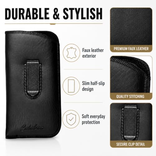 Image of Calabria Slim Eyeglass Case with Felt Lining -Black W /Clip PU Leather | Soft Slip-In Glasses Sleeve | Pocket Clip Option | Protective Slim Eye Glasses Case Soft Pouch