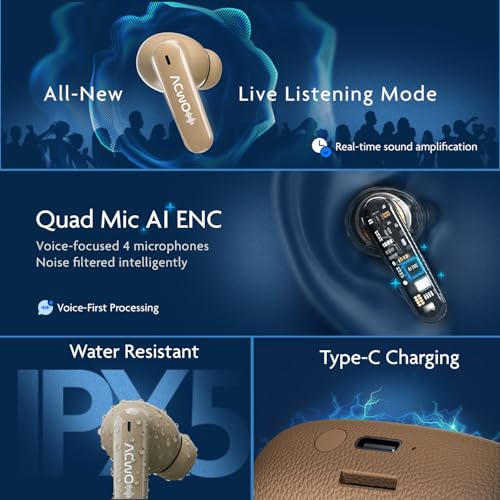 Image of ACwO DwOTS Muze True Wireless Earbuds, in-Built MP3 Player, TF Card Support, Recording Mode, Real-Time Audio Listening, HD Calling, Dual Device Connectivity, TWS Ear Buds with 45Hrs Playtime (Brown)