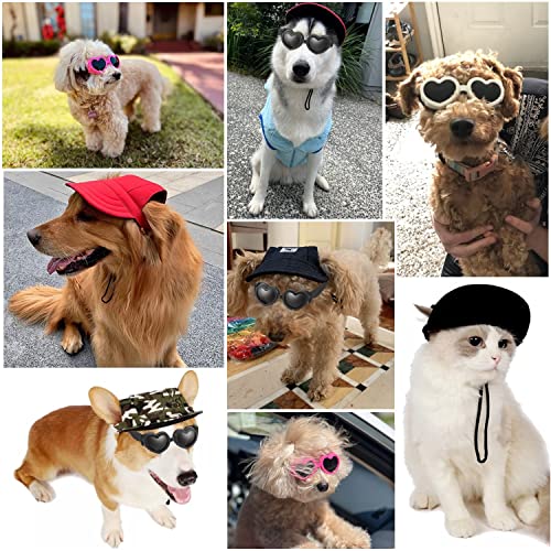 Small Dog Hat Baseball Cap Sun Hat With Ear Holes + Pet Dog Sunglasses Goggles Heart Shape Eye Wear,Sun/Uv Protection Adjustable Strap Waterproof Outdoor Party Birthday For Small Dog (Small, Black) #TOP6