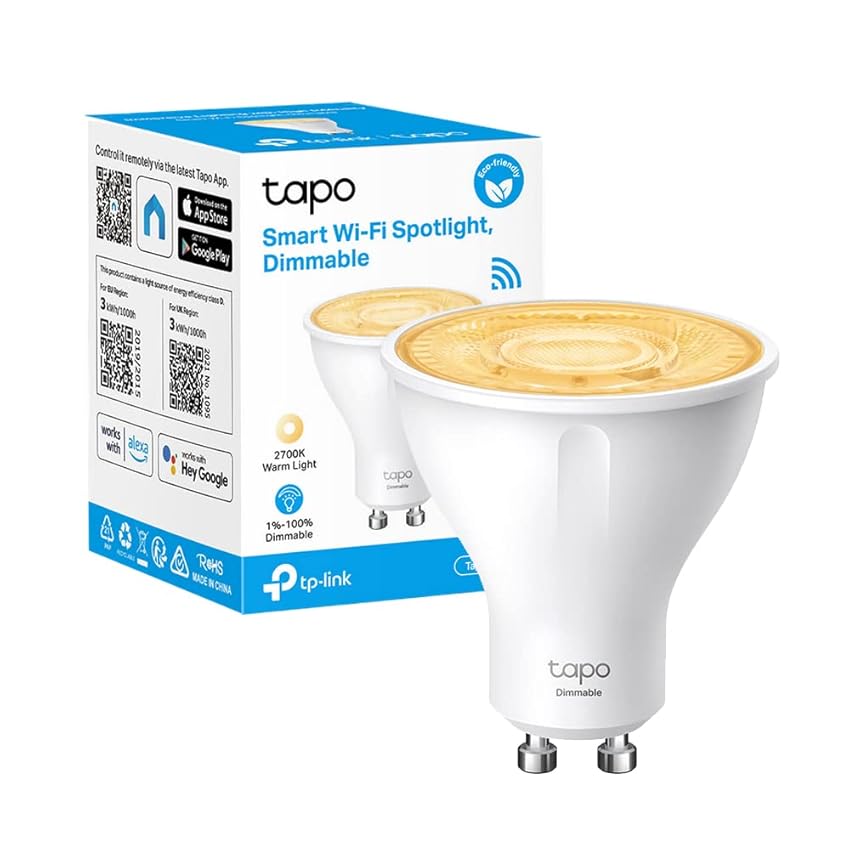 Tapo L610 Lampadina Wi-Fi Base GU10, Controllo Vocale Tramite Amazon Alexa o Google Assistant, 350 lumen, 3.5W, Giallo Caldo Dimmerabile, 2700 K, Controllo da Remoto