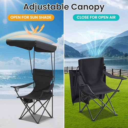Silla de camping portátil 2 unidades con dosel plegable, silla plegable para exteriores con portavasos y bolsillo lateral para camping, senderismo, picnic y playa (Negro) miniatura 3