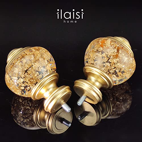 ILAISIHOME Decorative Curtain Rod Finials, Polyresin Round Gold Foiled Clear Finials, Set of 2, Compatible with 1 inch or 1-1/8 inch Dia Curtain Rod, Standalone Finial Pair