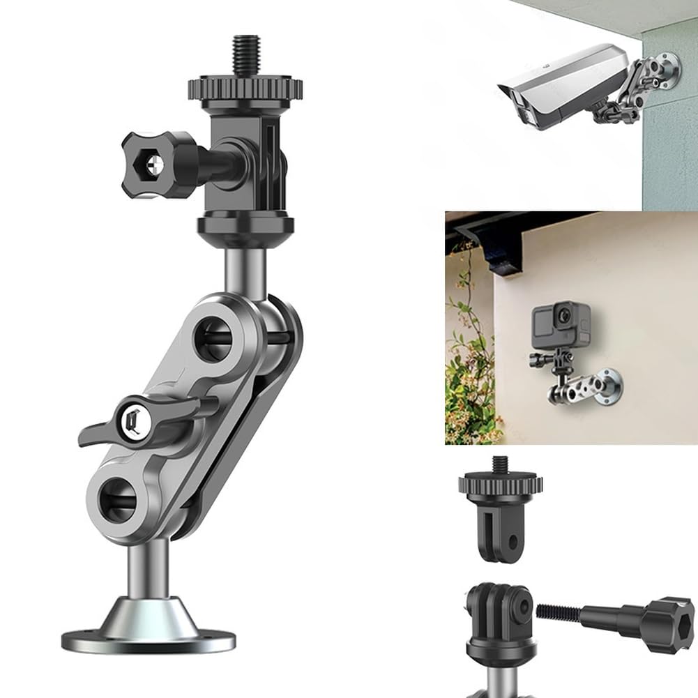 Soporte de pared para cámara de 1/4 pulgadas, aleación de aluminio ajustable para rótula de 360 grados con diseño de doble bola, plateado, 7 x 4,5 x 14,9 cm