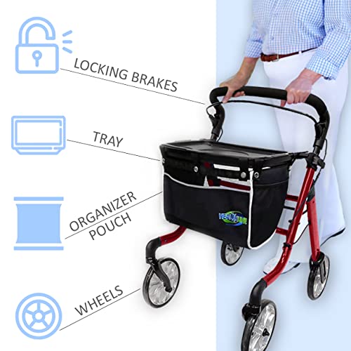 Healthline Rollator Walker For Seniors - Lightweight 4 Wheel Eldery Walker Heavy Duty - Rollator Walkers For Seniors With Basket & Tray - Narrow Doors Indoor Rollator Red Color #TOP4