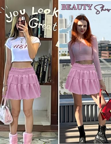 Avidlove Pink Mini Skirt for Women Flowy Skirt High Waist Short Skirts A Line Ruffle Skirt Beachy（ Pink, M3