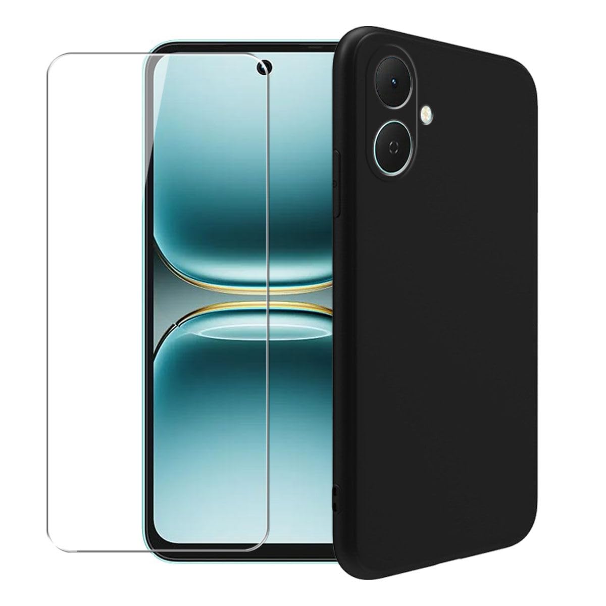 Case for Tecno Spark Go 2 + Glass Screen Protector Tempered Film - Transparent Silicone Soft Flexible Bumper Shockproof TPU Protective Cover Shell (Black)